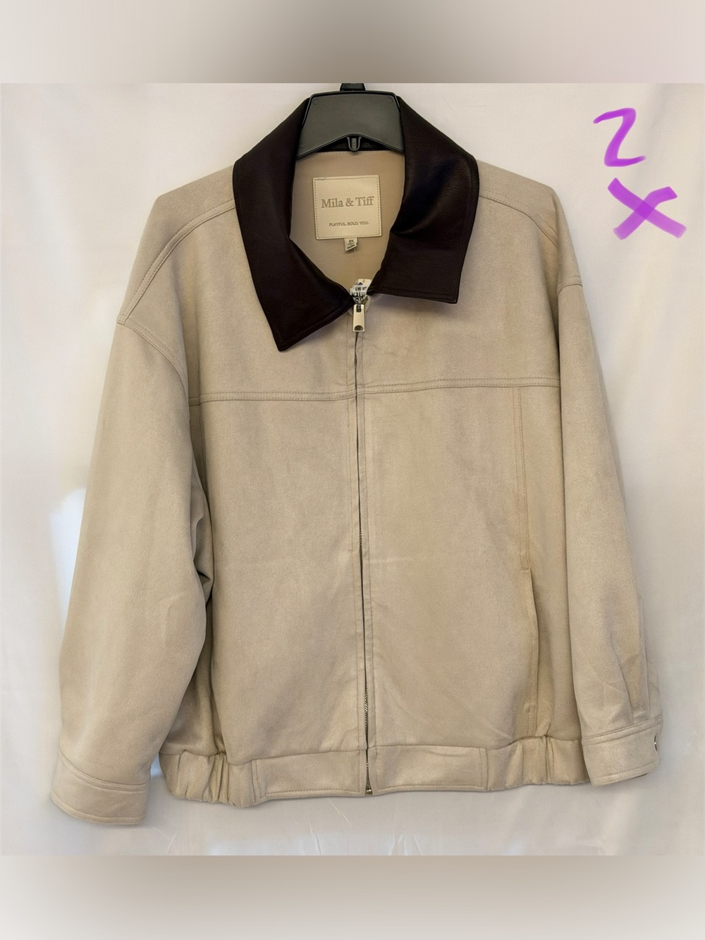 Women's Beige Suede Bomber with Dark Brown Collar